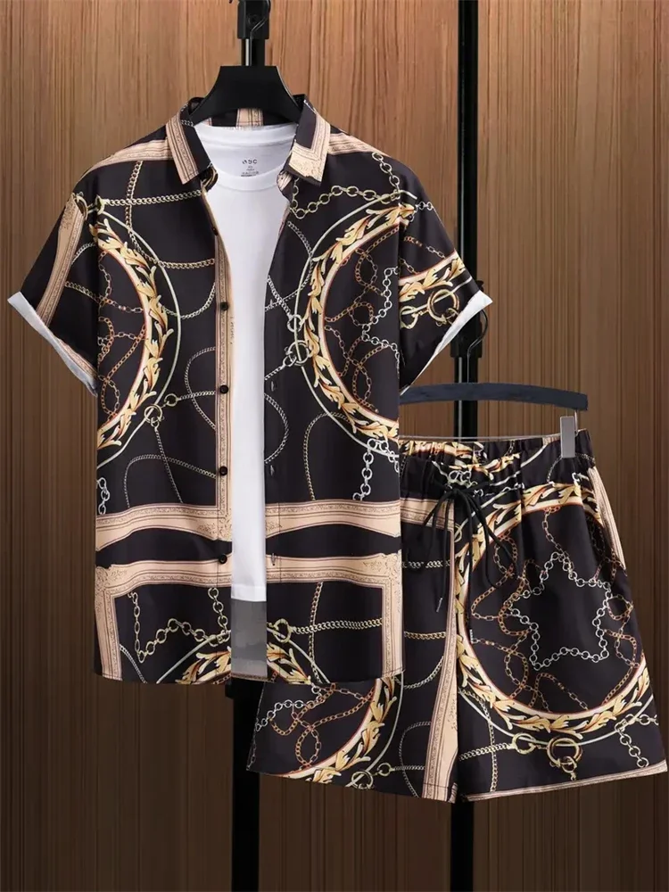 Men's New 3D Chain Texture Printed Short Sleeve Shirt Summer Shirt Short Sleeve Short Set Hawaii Beach Vacation Trip 2 Piece Set