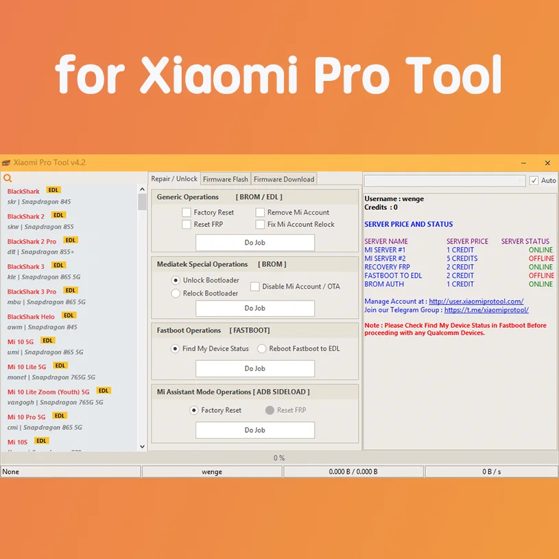 10 Credits pack for Xiaomi PRO Tool Server Credits Fastboot to EDL 9008 Mode