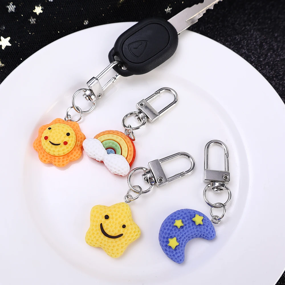 1-4pcs Cute Cartoon Key Chains Rainbow Sun Star Moon Face Keychain Keyring Cartoon Kawaii Bag Car Phone Charms pendants Jewelry