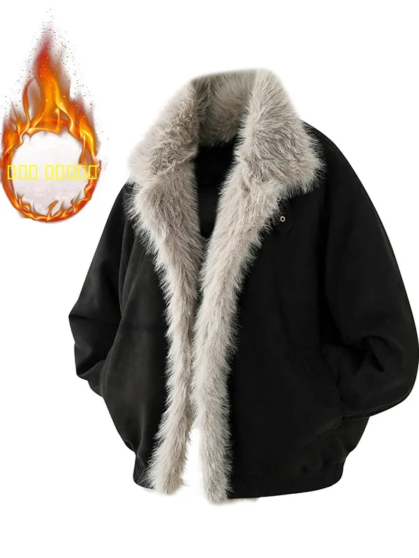 

American Sle Men's Thiened Fce Lined Leather Fur Inteated down Jaet Coat ort Sle Zipper Closure Pure Color