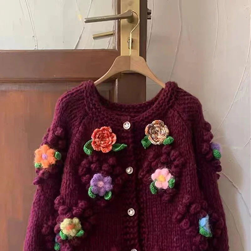 Autumn Winter Thick Single Breasted Lady O-Neck Cardigan Top 3D Dimensional Flower Decoration Women's Retro Sweater Coat