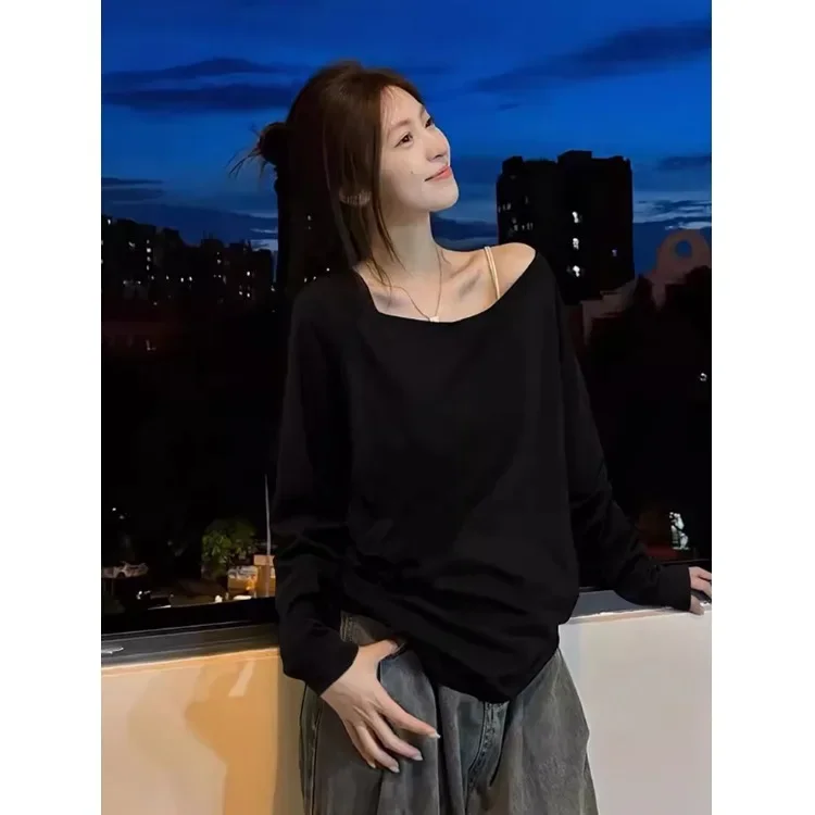 2024 New Women's T-shirt Off-Shoulder Long Sleeve Sexy Loose Fit Pure Desire Aesthetic Crossbody Shoulder Student Top