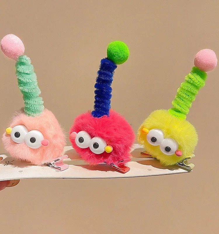 Cute Little Monster Hair Clips Women Funny Cartoon Antenna Plush Ball Doll Hairpins Barrettes Girls Sweet Headwear Hair Jewelry