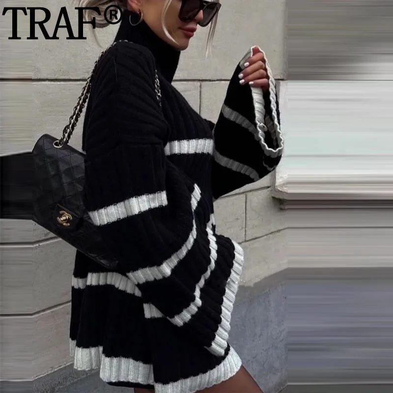 TRAF 2024 Turtleneck Striped Sweater Women Pulovers Long Sleeve Knitted Sweater For Women Autumn Winter Jerseys Woman Jumper