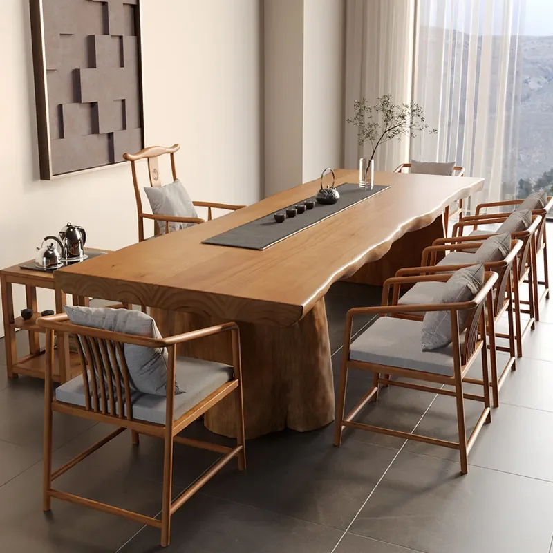 for Log Irregular Natural Edge Solid Wood Tea Table Restaurant Whole Board New Chinese Large Board Tea Table and Chair