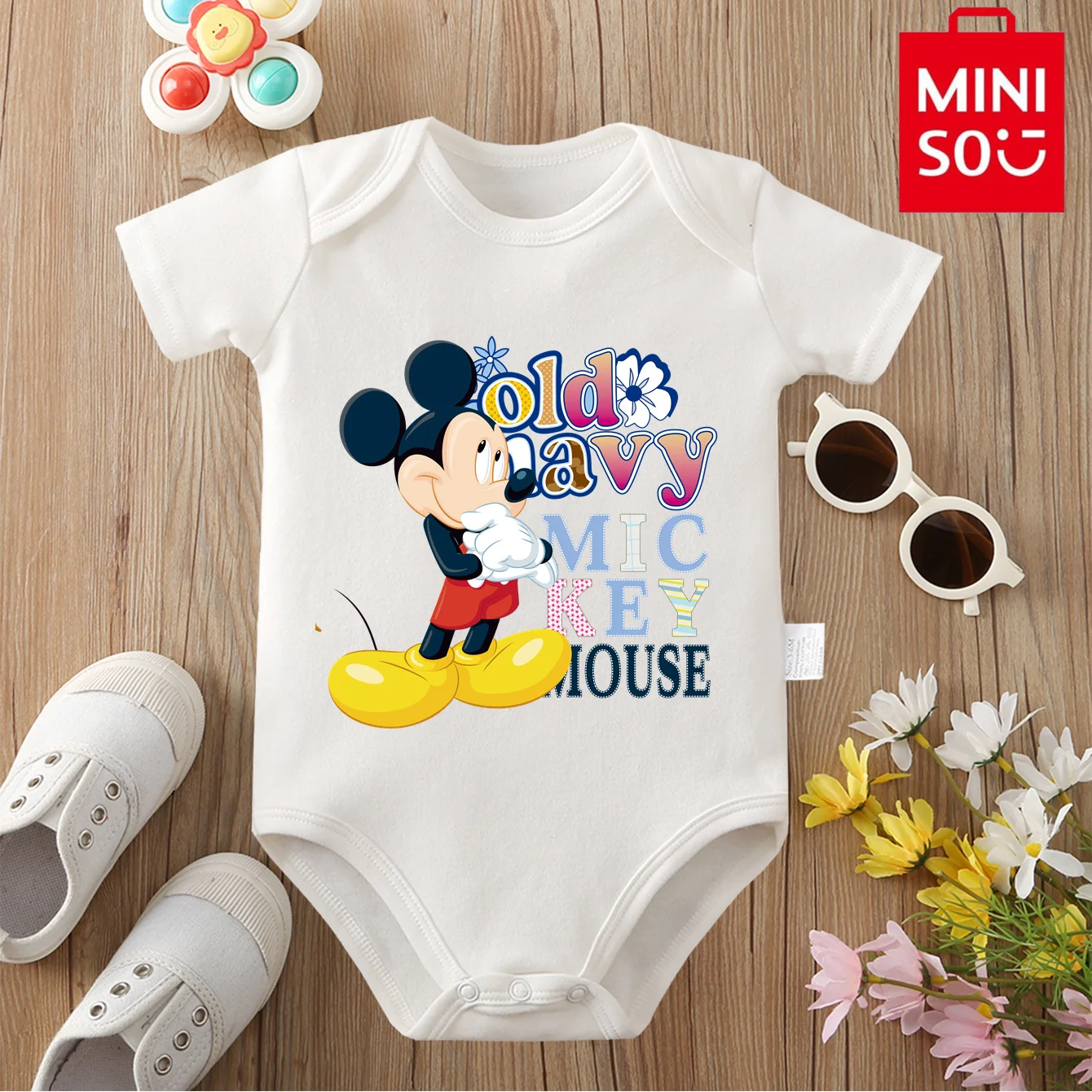 

MINISO&Disney Jointly Signed Soft 100% Cotton Baby Clothe Onesie Bodysuit Mickey Mouse Cute Print for 0 To 12 Months Newborn