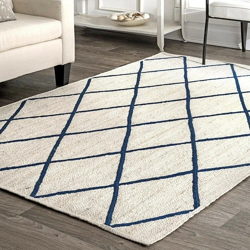 

Rug Braided Carpet Natural Jute Handmade Rustic Look Area Rugs Navy Blue Decor Large Lattice Runner Floor Mat