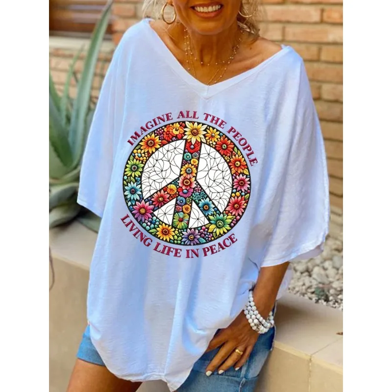 ilstile Women's Hippie Living Life in Peace Print T-Shirts Summer Short Sleeve Casual Loose V Neck Long Tops White Black