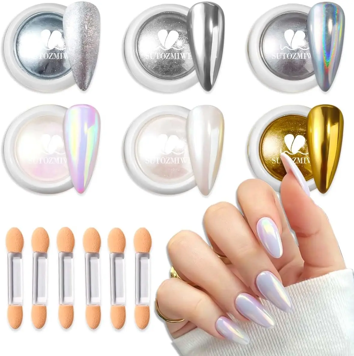 

6 Colors Chrome Nail Powder Set, Super Metallic Mirror Effect Pigment Dust for Gel Polish Nail Art Decoration Manicure