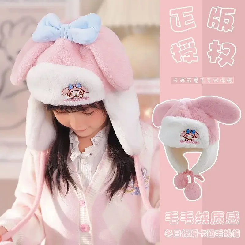 

Sanrio Anime Children Kawaii Kuromi My Melody Winter Boys Girls Warm Cap Cute Pochacco Cold Baby Ear Hat Gifts for Kids