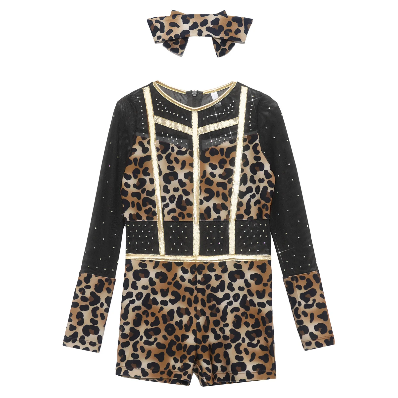 Kinder Mädchen Strass Leopardenmuster Jumpsuit für Ballett, Halloween Höhlenmenschen-Kostüm, Reißverschluss Metallic-Besatz Bodysuit – Detail 7