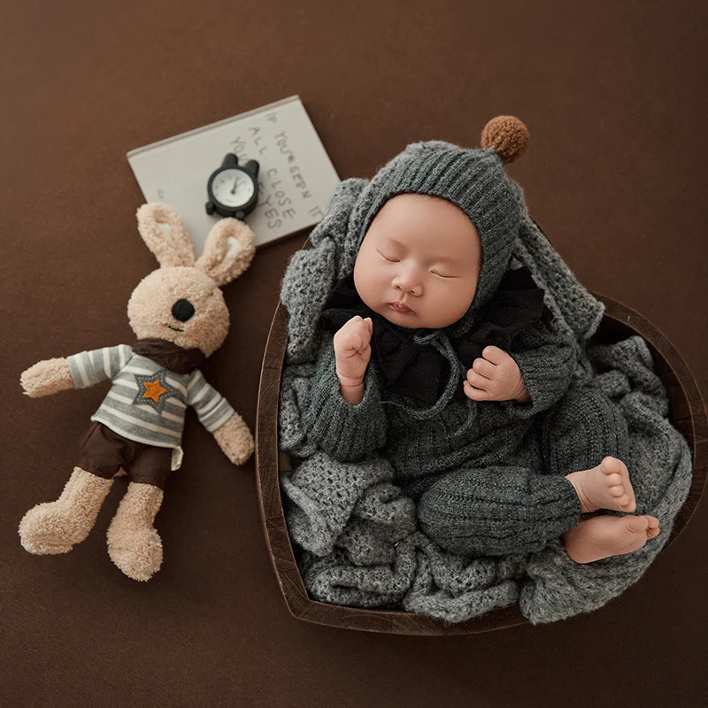 Cute Knitted Newborn Clothing Bear Ear Hat Jumpsuit 2pc/set 0-1 Month Baby Boy Shoot Outfit Bunny Doll Infant Toy Studio Props