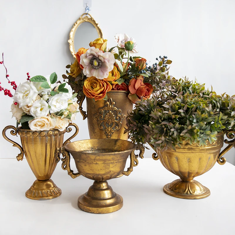 Gold Binaural Vase Retro Wrought Iron Flower European Style Roman Column Arrangement Desktop Home Decoration Ornaments