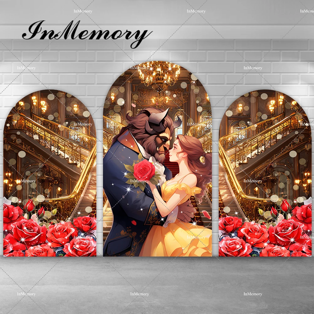 

Disney Beauty and The Beast Theme Arch Backdrop Cover Princess Belle Hall Girls Baby Shower Birthday Party Backgrounds