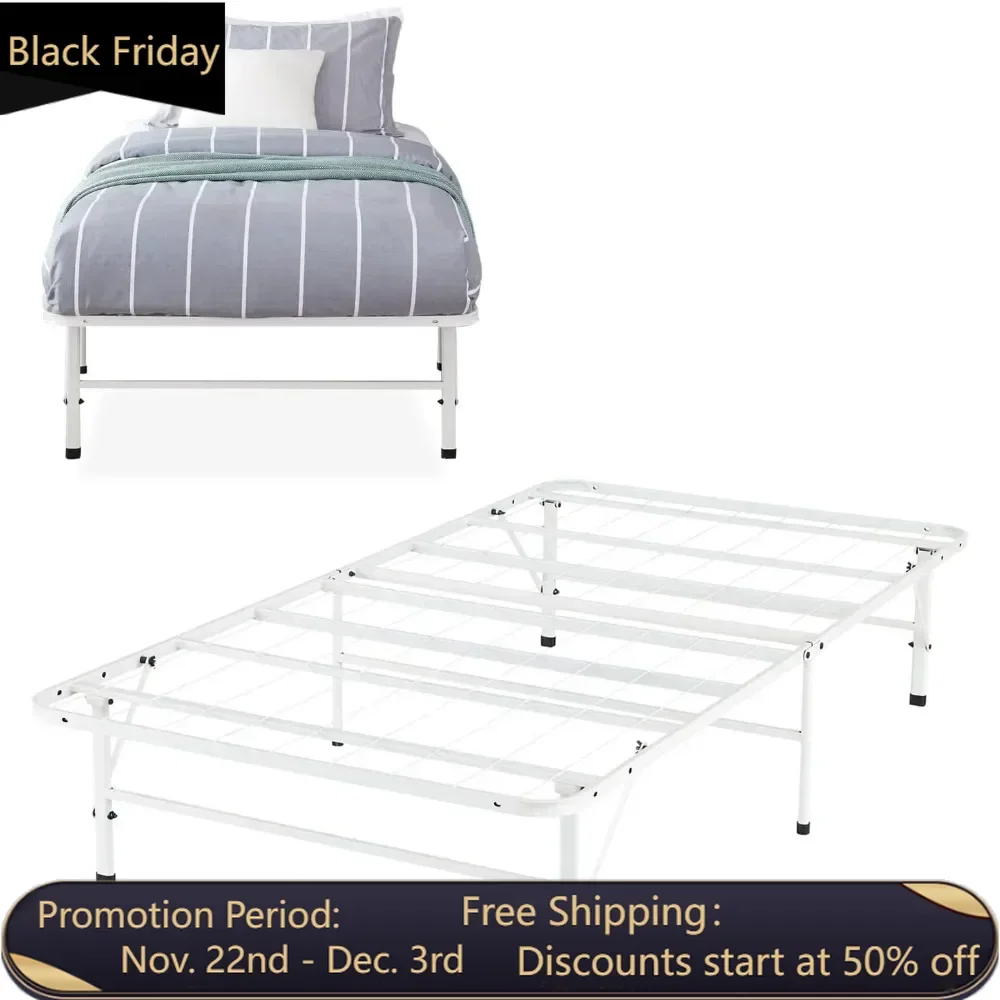 14 inch double bedstead heavy folding bedstead, with steel metal Flat noodles mattress base box spring replacement, white