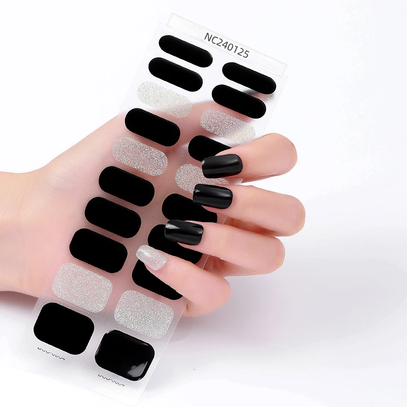 20Tips Shinning Semi Cured Gel Nail Strips Solid Color DIY Long-Lasting UV Nail Sticker Sparkly Full Cover Gel Manicure Wraps