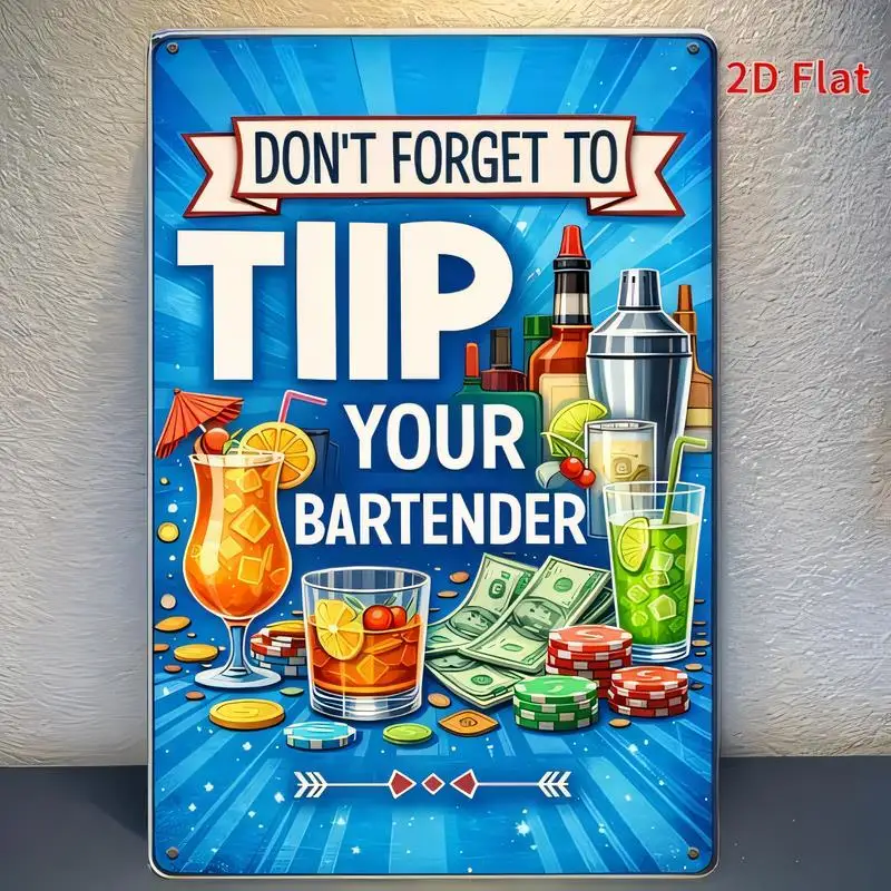 2D Flat Don't Forget to Tip Your Bartender Vintage Metal Tin Sign - Retro Wall Art with Cocktails, Poker Chips & Cash, Blue, Iro