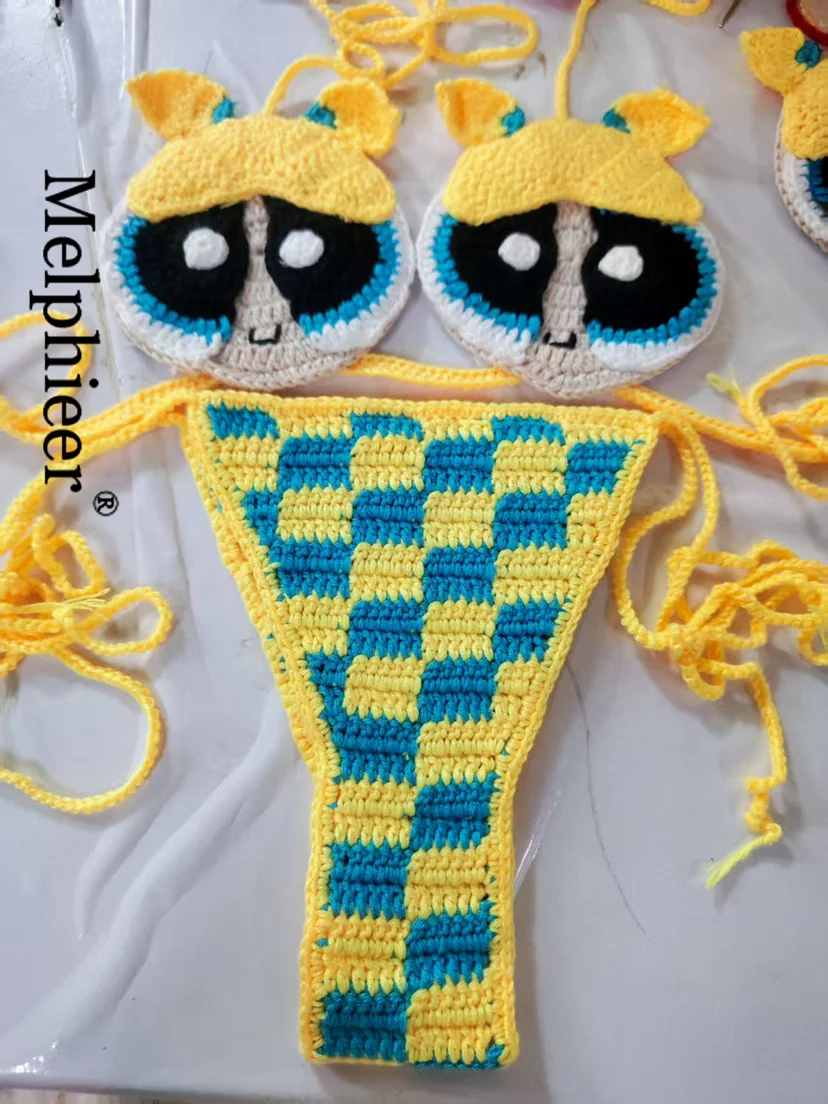 Melphieer haute qualité à la main Crochet Micro Powerpuff mignon Bikini ensemble Sexy String brésil maillots de bain superbe vacances maillots de bain