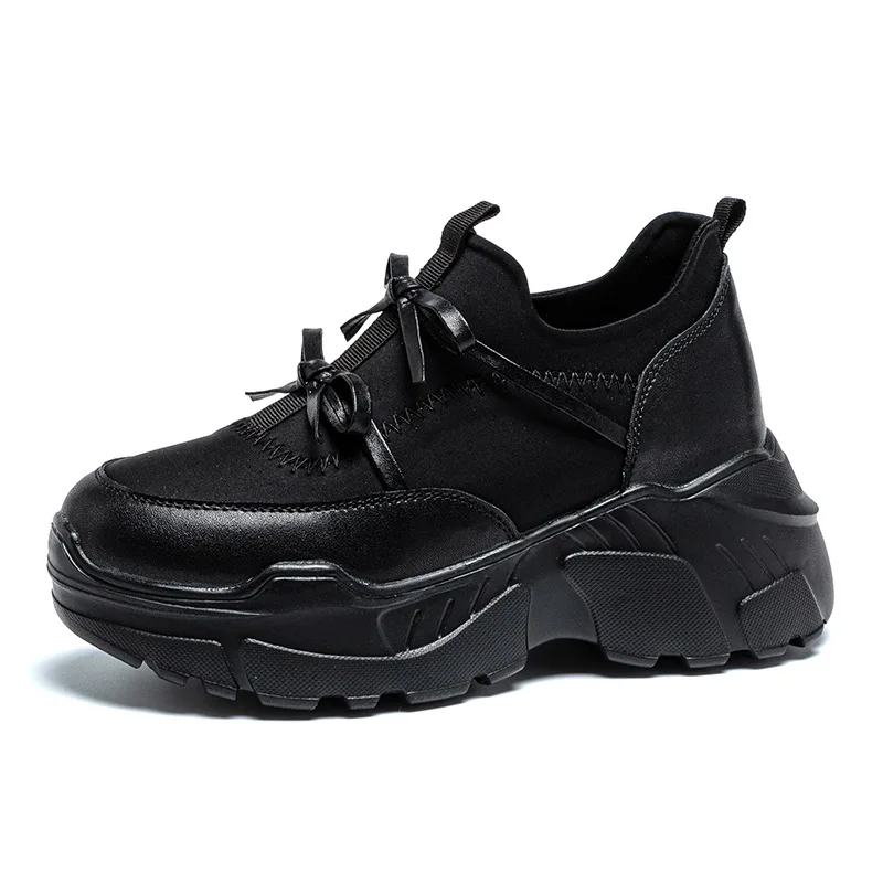 

Новая осенняя женская обувь на толстой подошве, увеличенная высота 6 + 1 см, однотонная простая старая модная спортивная повседневная обувь с завязками