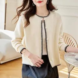 Women Autumn Simplicity Office Lady Lace Solid Color Long Sleeve Knitwear Ladies Fashion All-match Trend Knitting Cardigan Coat