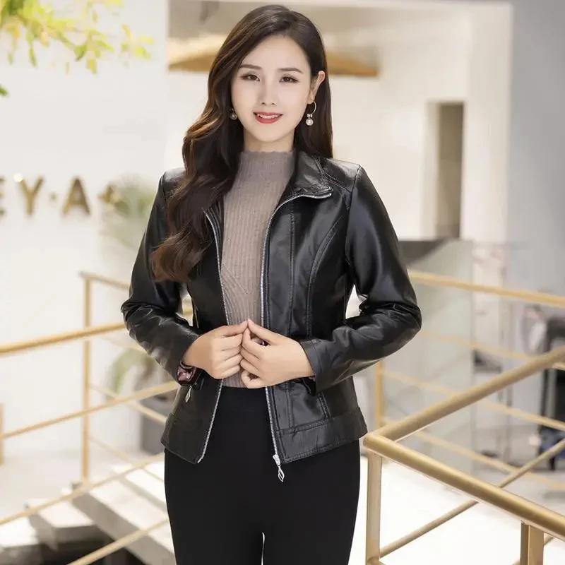 New Simple PU Leather Jacket Women 2026 Spring Autumn New Lapel Coat Zipper Middle-Aged Leather Outwear Korean Female Overcoat
