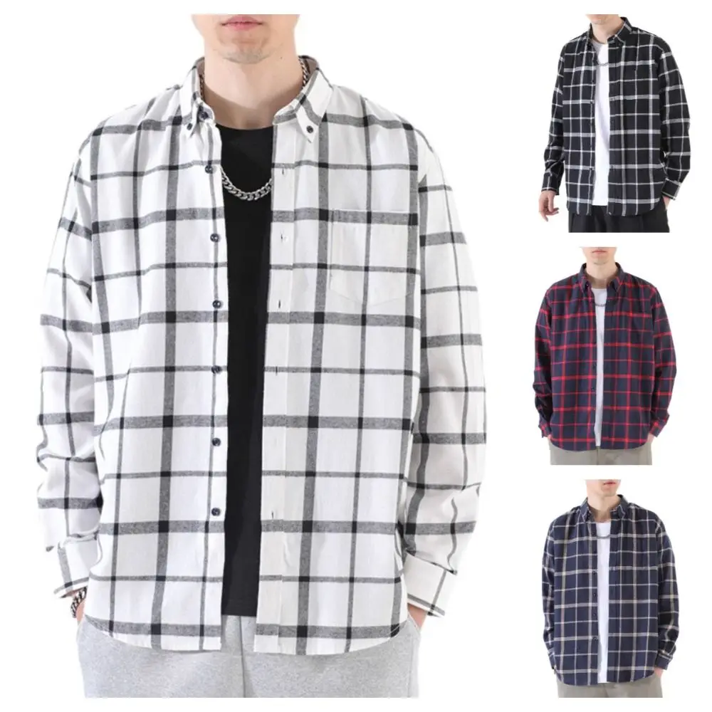 

Chic Cotton Men Blouse Lapel Large Size Grid Blouse Women Loose Button Up Long Sleeve Overshirts Unisex Travel