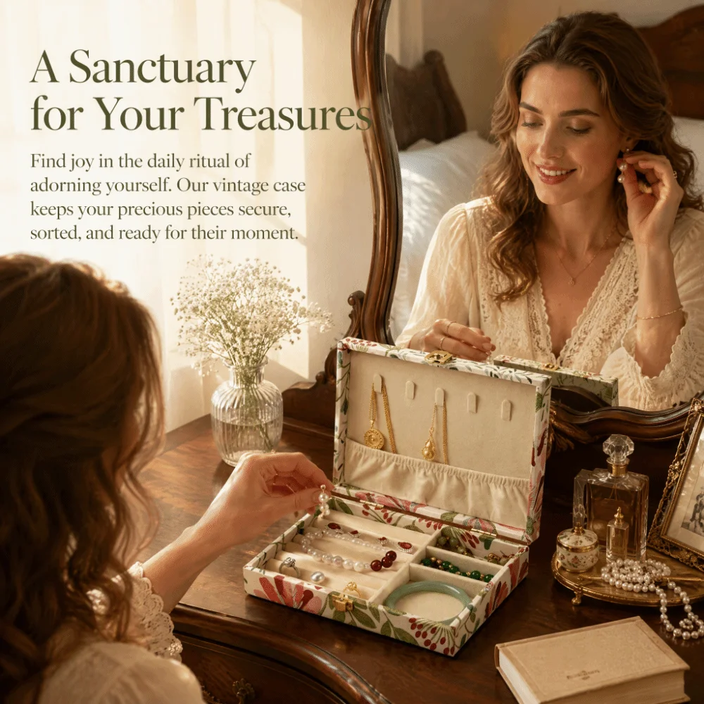 Portable Retro Wooden Jewelry Box Embroidered Floral Vintage Jewelry Case Large Capacity Luxury Jewelry Container Necklace