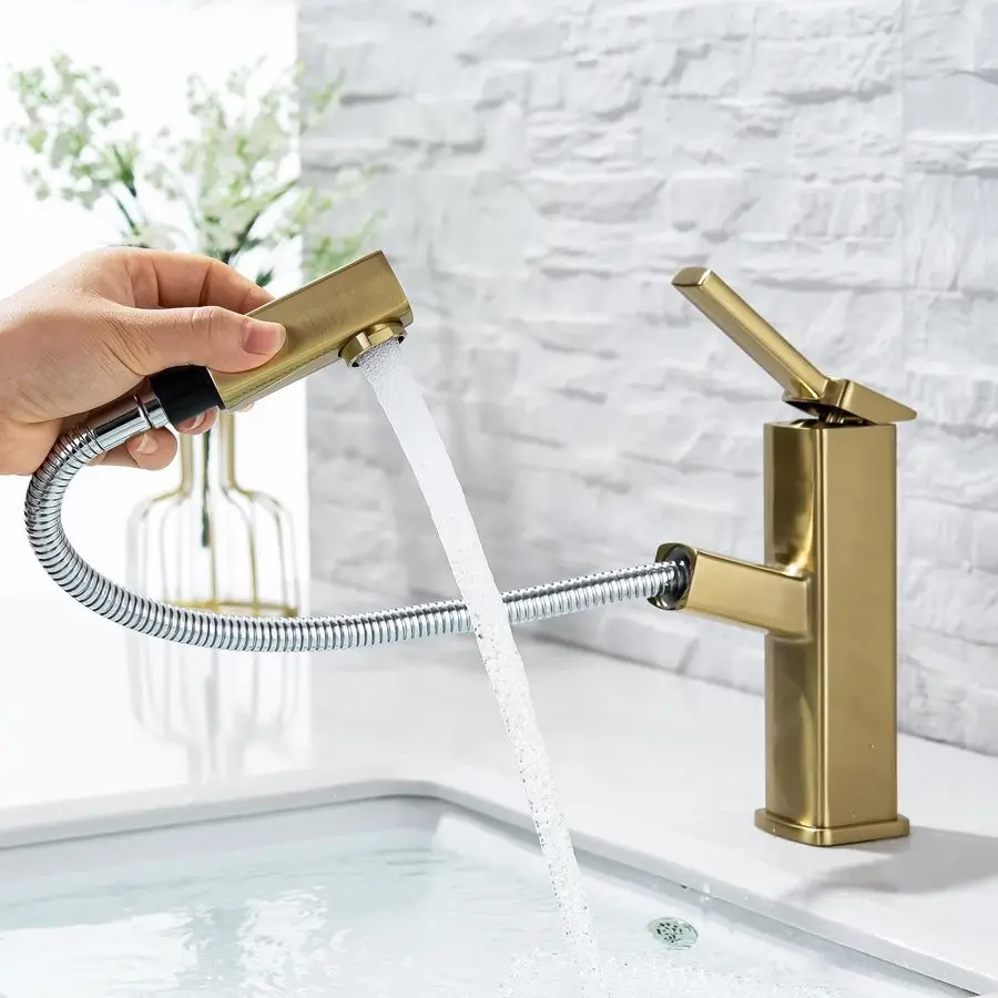 

Bathroom Sink Faucet with Pull Out Sprayer, Single Handle Basin Mixer Tap for Hot and Cold Water, Lavatory Pull Down Sink Faucet