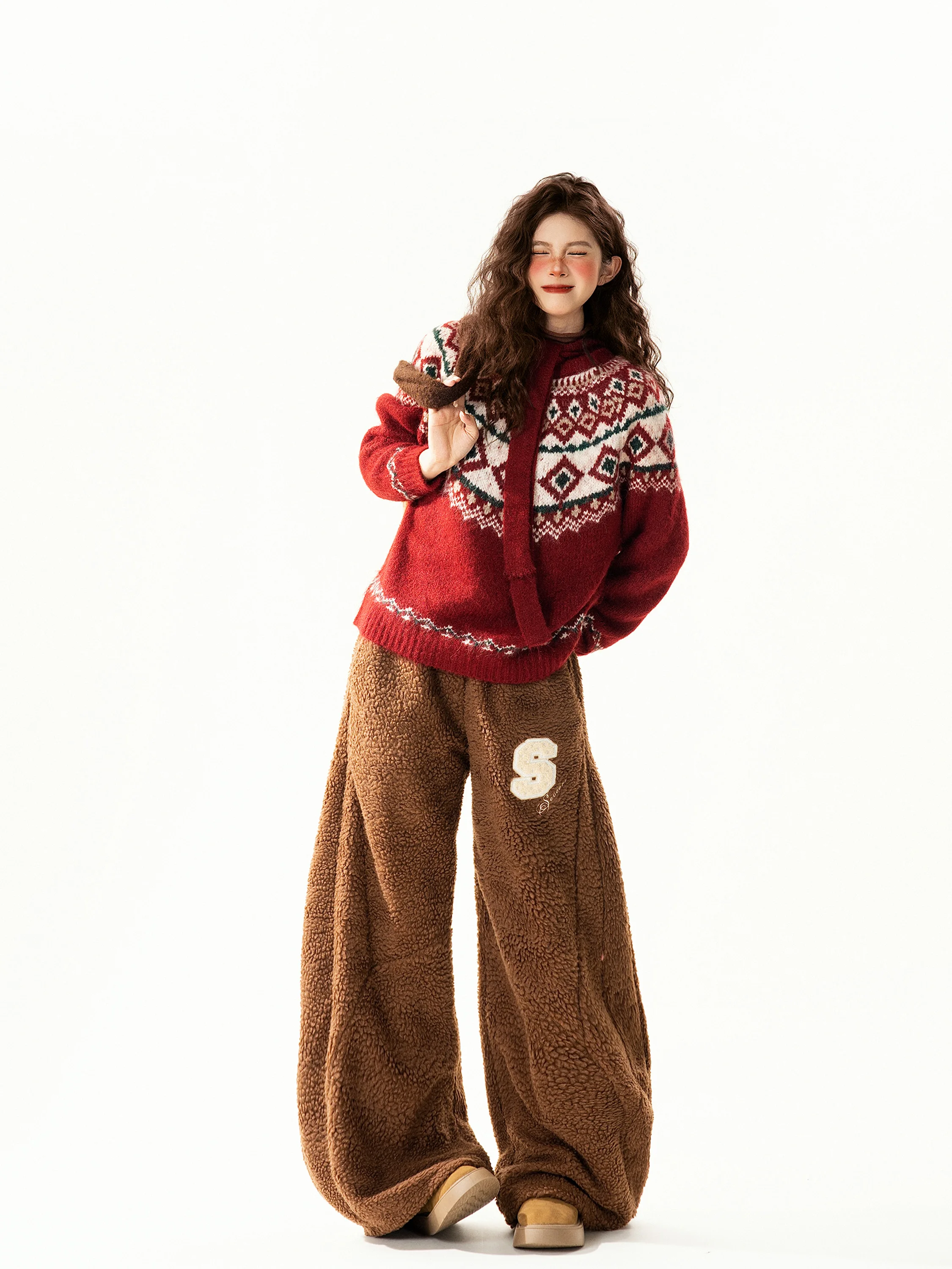 

Красный вязаный свитер Fair Isle, женский осенне-зимний универсальный свитер Lazy Sle, трикотаж, свободный крой, длинный све, обычная длина