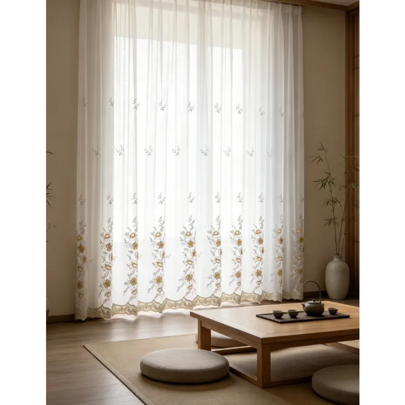 New Embroidered Korean Style Countryside Small Fresh Gauze Curtains for Living Room, Bedroom, Balcony Curtains