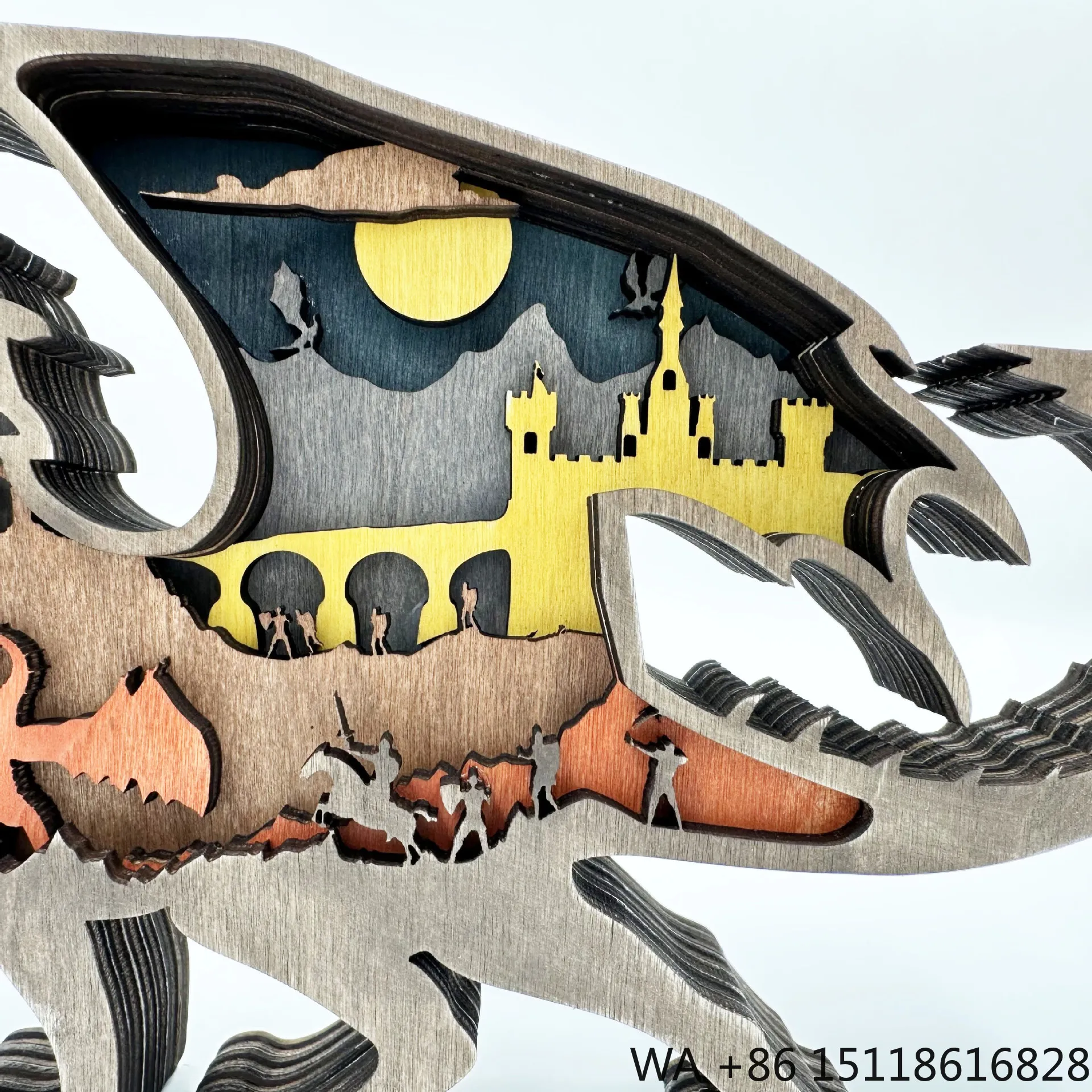Multi-layer Laser Cut Wooden Dragon Ornament Medieval Castle Knight Battle Moon Scene Fantasy Desktop Decor Geek Craft Gift