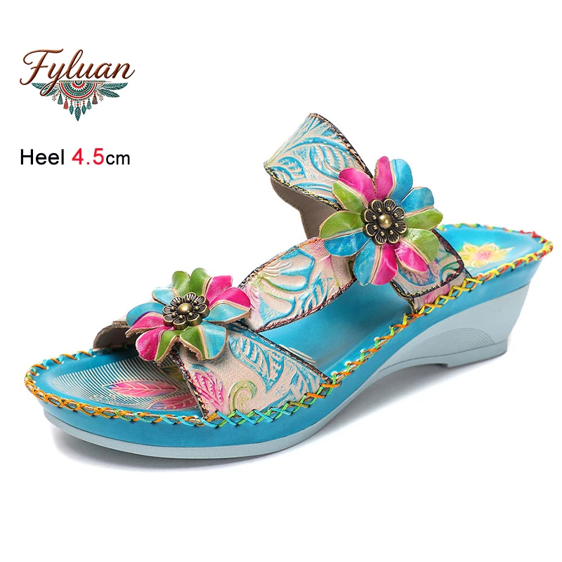 

2026 Summer Genuine Leather Ethnic Style 3D Floral Women's Slippers Sandals Wedge Heels Round Ladies Pumps Bohemian Beach Shoes