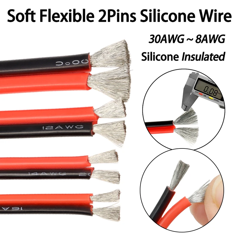 3/5m Flexible 2Pins Silicone Electric Wire 30AWG - 8 AWG Black-Red DIY LED Line Soft Rubber Tinned Copper Cable speaker Wires