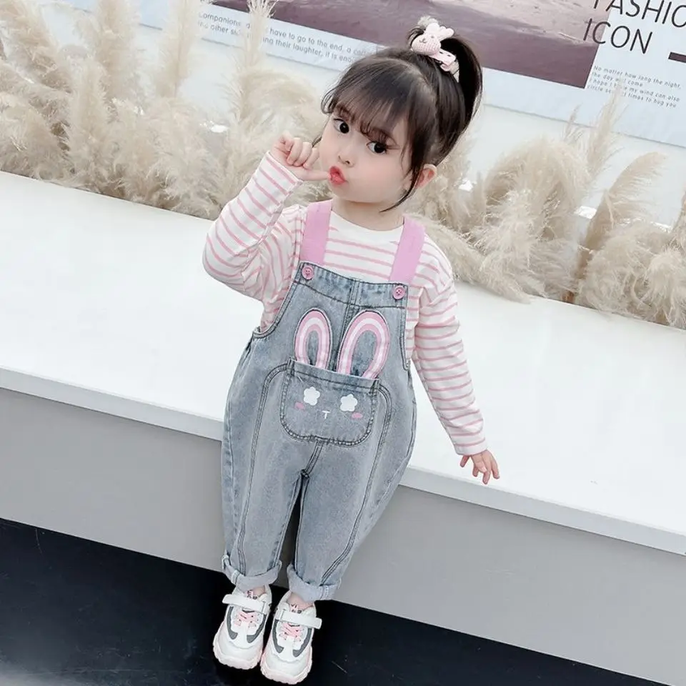 Kids Jeans Casual Jumpsuits Fashion Girls Autumn Clothes Cute Wings Cartoon Baby Overalls Denim Suspender Pants Toddler Rompers