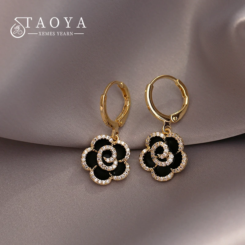 Design Sense Exquisite Black Camellia Pendant Flower Earrings 2023 New Jewelry Party Girls' Luxury Accessories For Women's Gift