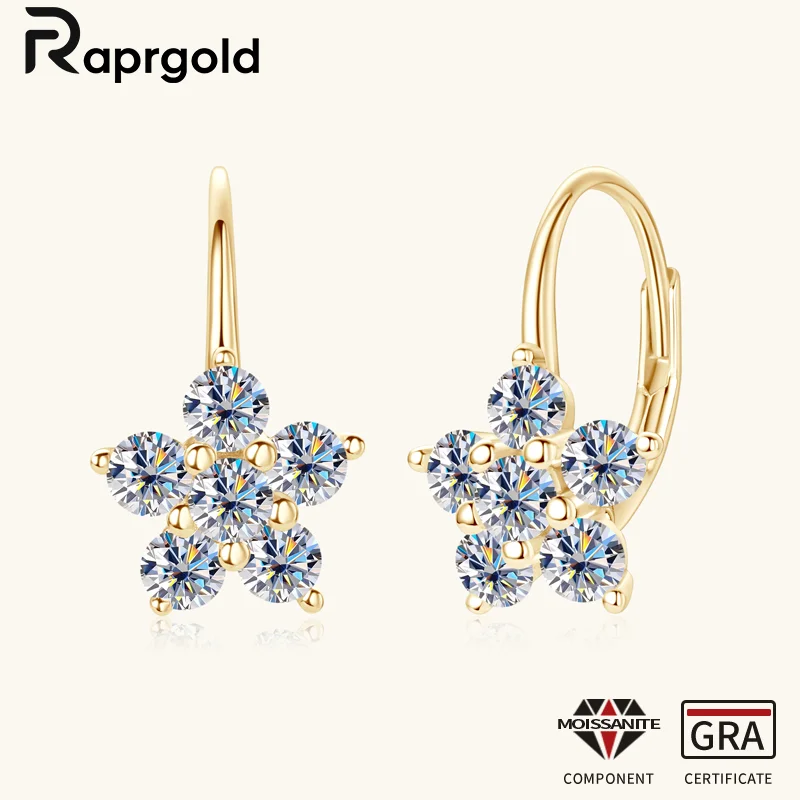 RAPRGOLD GRA Certified Full Moissanite Hoop Earrings for Women 925 Sterling Silver Flower Earring Fine Jewelry Gifts Pendientes