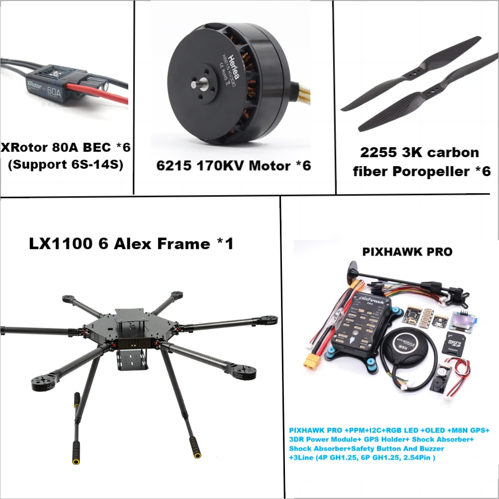 LX1100  PRO M8N Full Carbon Fiber 1100mm Hexa-Rotor Frame X-Roter 80A ESC PX4 Pixhawk Flight Control Set 6215 Motor