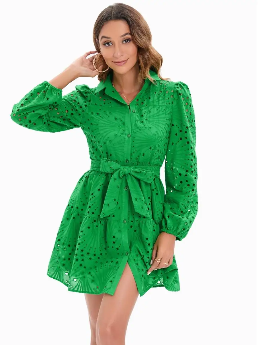 Summer Dress Women 2022 New Clothes Hollow Out Sleeve High Quality Embroidery Green Lace With Lining Side Feminino Mini Vestidos