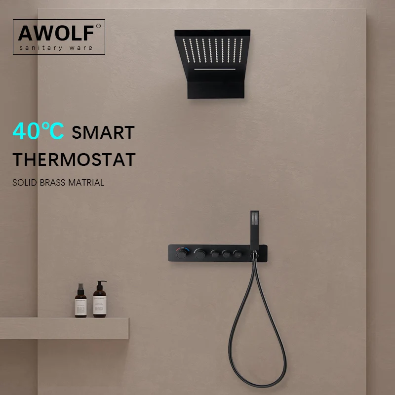 Awolf Black Bathroom Thermostatic Shower System White Solid Brass Wall Mounted Embedded Chrome Bath Shower Mixer Set AH3063