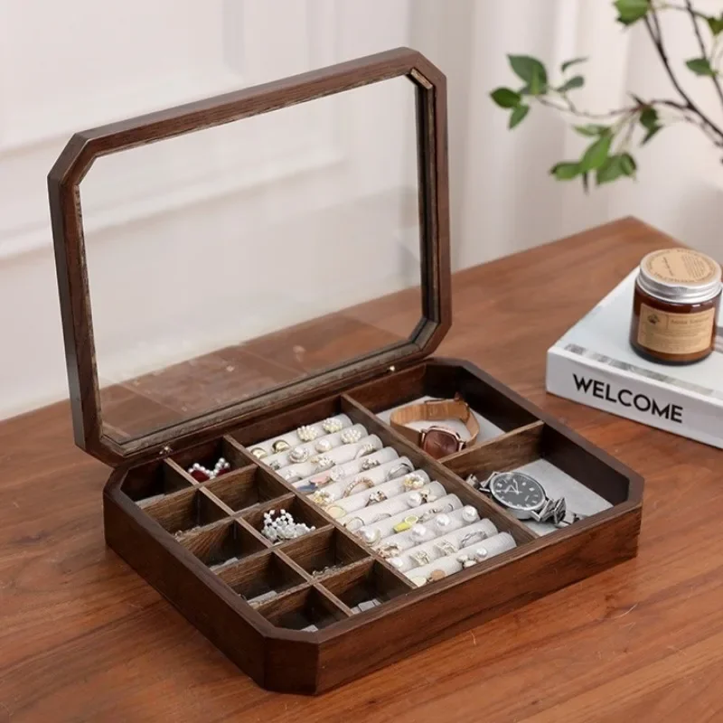 Solid Wood Jewelry Storage Box Linen Lining Ring Case Glass Cover Necklace Container Rubber Wood Women Earring Storage Organizer