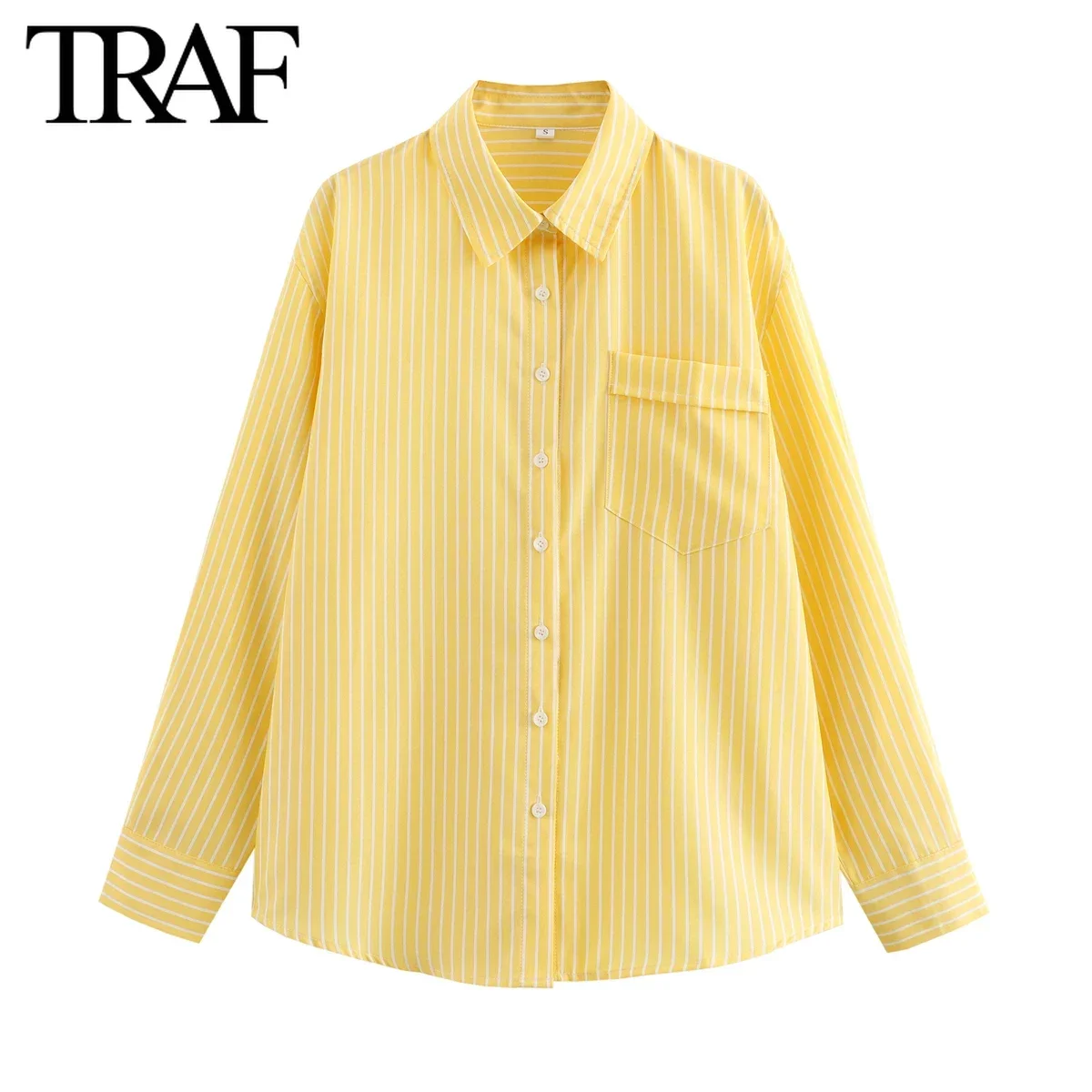 TRAF Women\'s Clothing Spring Autumn New Pocket Striped Single-breasted Lapel Long Sleeve Shirt Chic Office Ladies Tops Mujer