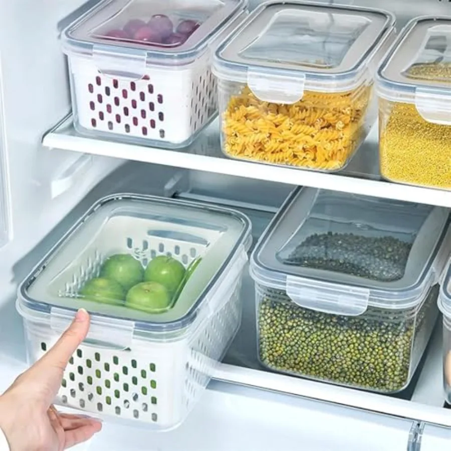 Organizer do domu, przezroczysty plastikowy pojemnik na żywność z koszem ociekowym, przenośny, oddychający, wielofunkcyjny pojemnik do przechowywania.