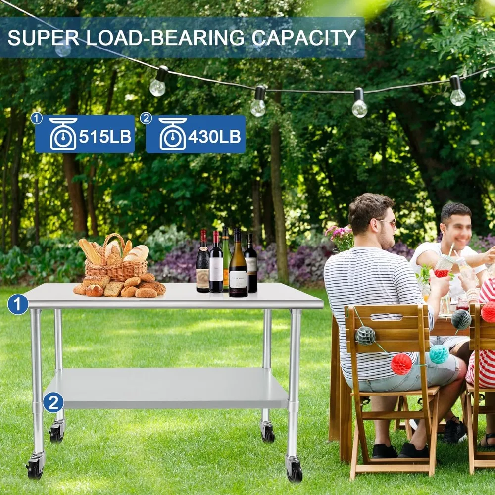 طاولة من الفولاذ المقاوم للصدأ بعجلات 24 × 48 بوصة عجلات NSF شديدة التحمل للعمل التجاري وطاولة إعدادية مع رف داخلي #4