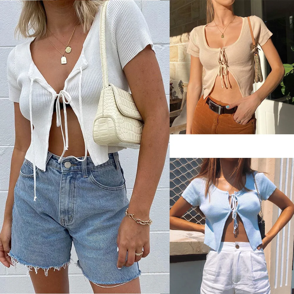 

European and American women's top sexy crop top with a cordless bow slim fit summer short-sleeved cardigan
