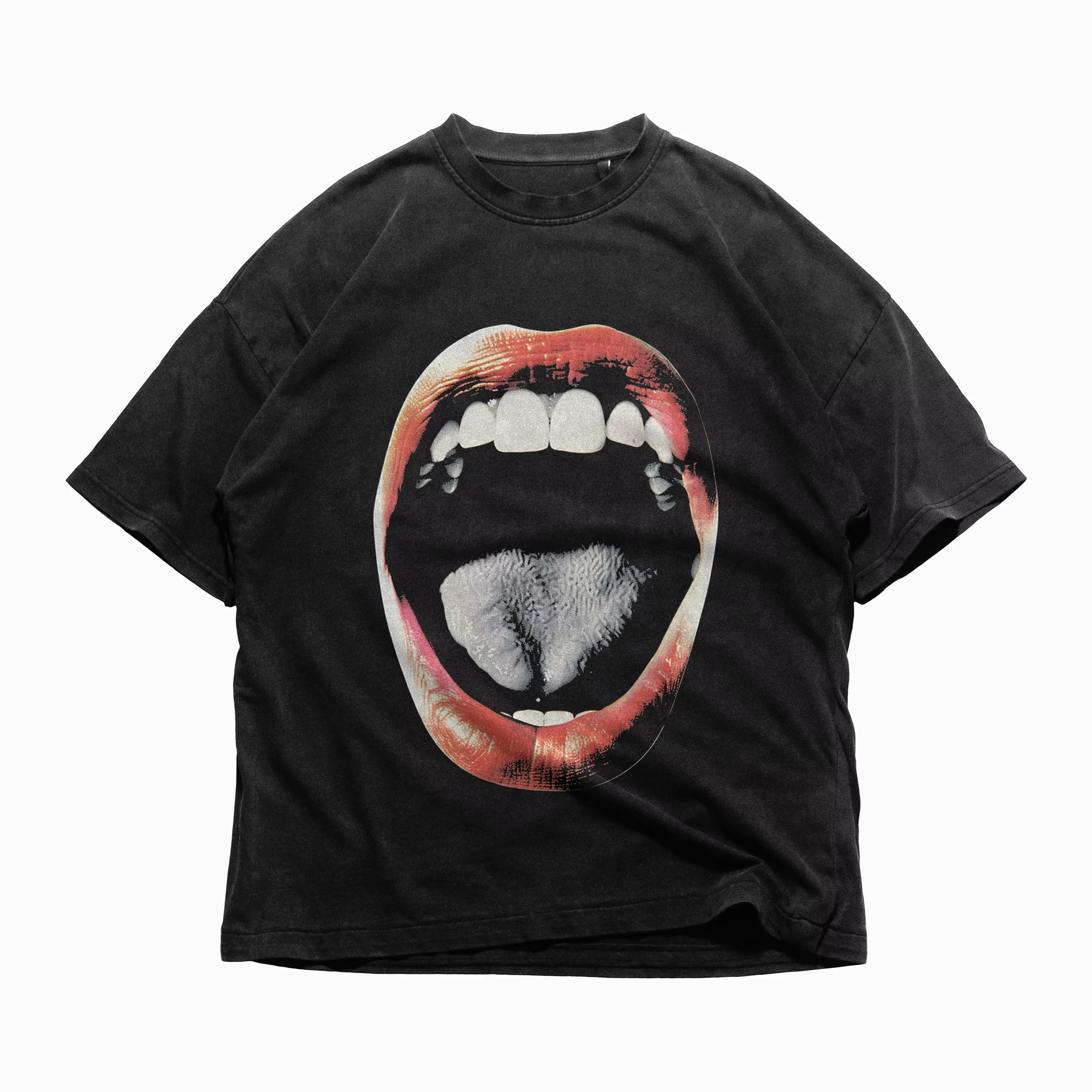 Men Oversized Washed T Shirt Gothic Fangs Tongue Graphic Black Vintage Distressed O-neck Short Sleeve Grunge Streetwear Tops
