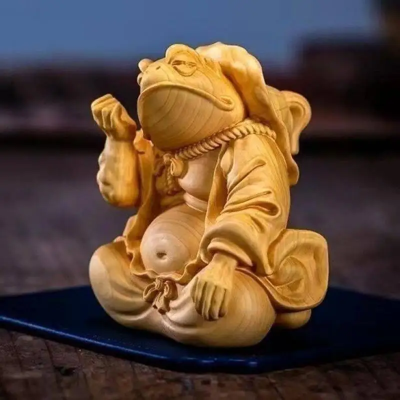 Retro Cliff Cypress Wood carving Golden Toad Immortal Prayers Frogs attract Wealth Animal Handle piece Decorative Crafts