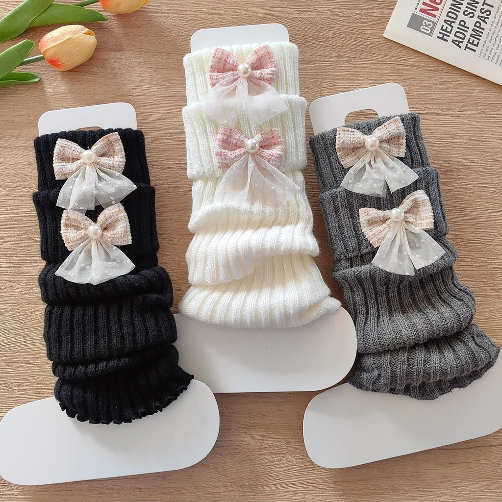 1Pair White Leg Warmers Women'S Cute Knit Slouchy Leg Warmers Pearl Mesh Bow Decor Cute Sweet Leg Covers For Lolita Jk Soft Girl
