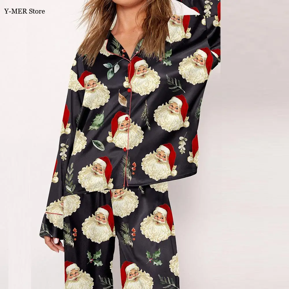 Black Print Santa Claus Pajamas Suit Women Satin Loungewear Big Size 5Xl Sleepwear Loose Pyjamas Femme Nigtwear Ice Silk Pjs