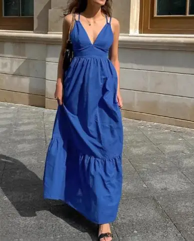 

Vacation style blue cotton linen V-neck camisole backless dress, new long dress for spring/summer 2025