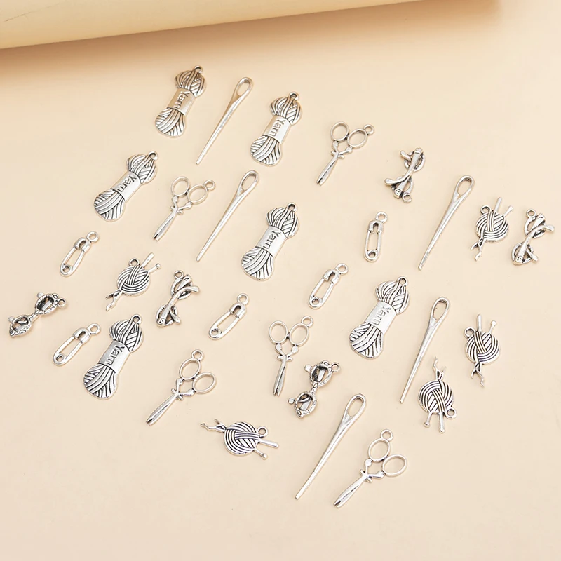 31pcs/lot Mixed Tibetan Silver Color Wool Yarn Ball Needle Charms Pendants DIY Necklace Bracelet For Jewelry Making Accessories